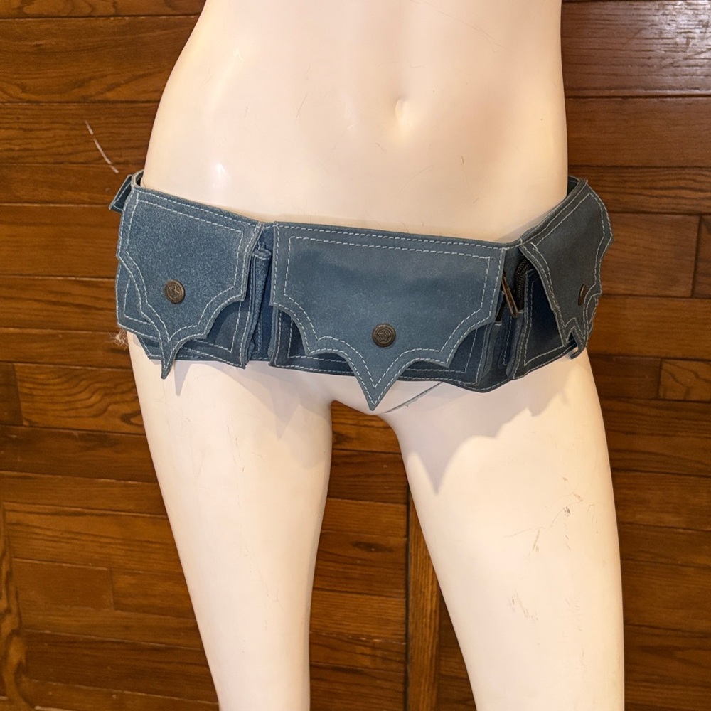 Blue Canvas Pocket Belt with Snap-Flap Pouches
